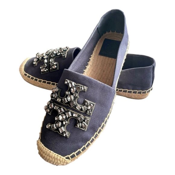 TORY BURCH Ines Embellished Logo Espadrille Flats Navy Canvas Size 5.5 NIB - Picture 2 of 11